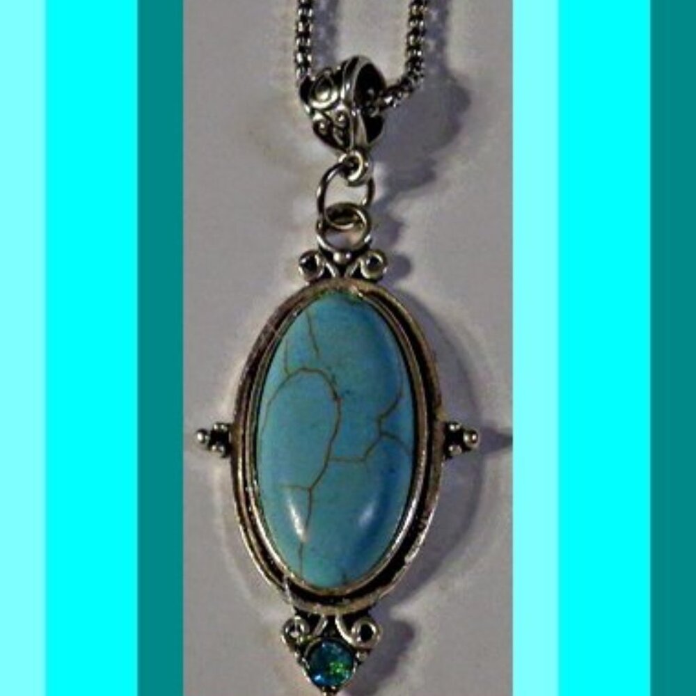 Tibetan Silver & Turquoise Vintage Design Necklace With Blue Crystal